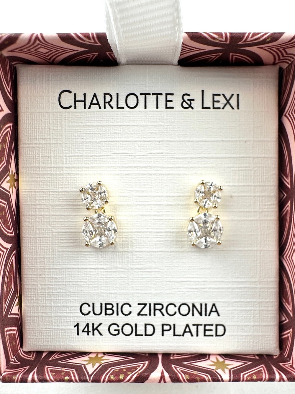 NIB Charlotte & Lexi 14K Gold Plated CZ Double Drop Earrings